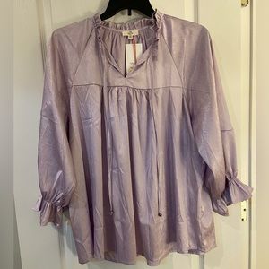 NWT! entroUSA Silky Tunic with Ruffle/Tie at Neck, 1X, Lilac/Periwinkle Color